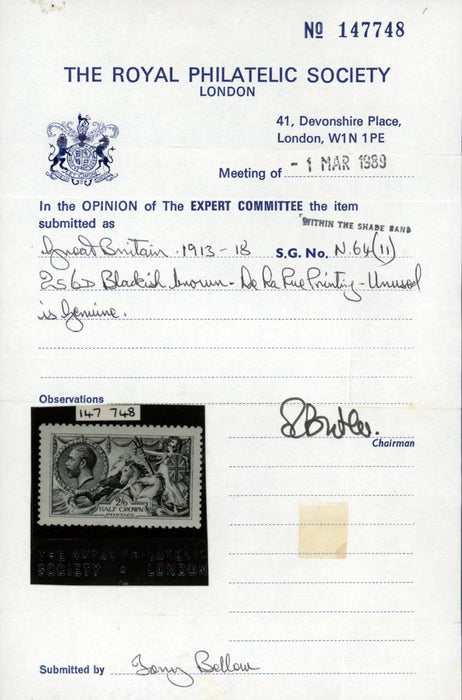 Great Britain 1915 2s6d blackish brown "Seahorses", SG408var