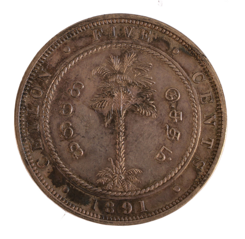 Ceylon Victoria proof silver (rather than copper) Five cents, 1891