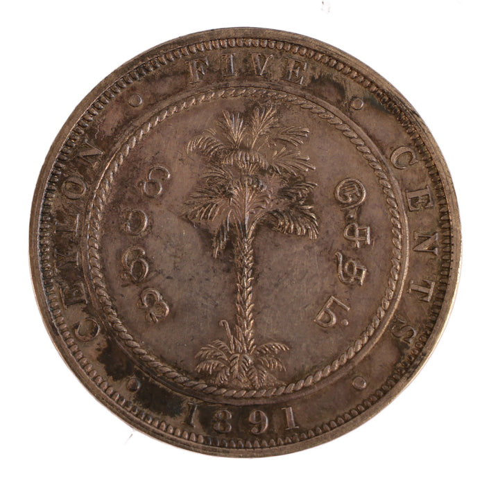 Ceylon Victoria proof silver (rather than copper) Five cents, 1891