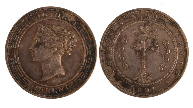 Ceylon Victoria proof silver (rather than copper) Five cents, 1891