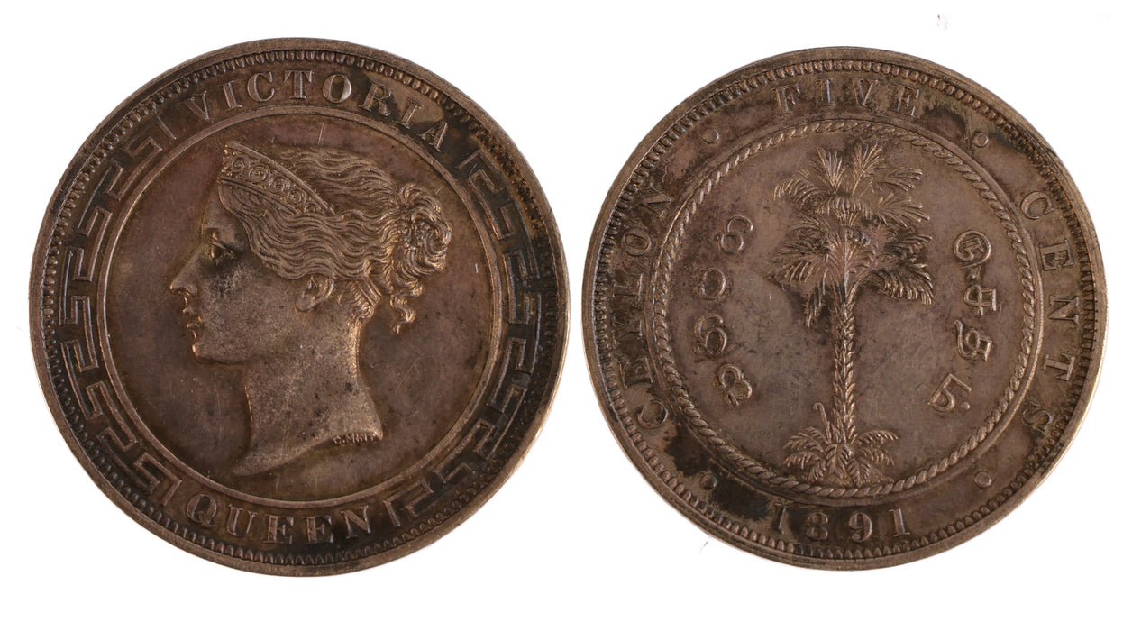 Ceylon Victoria proof silver (rather than copper) Five cents, 1891