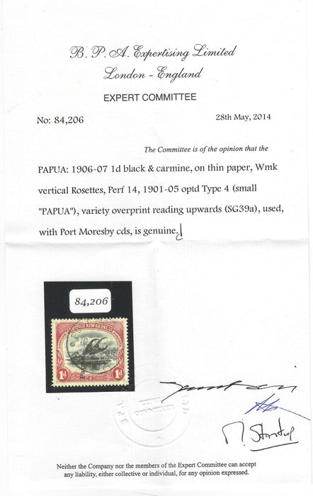 Papua 1907 1d black and carmine error, SG39a