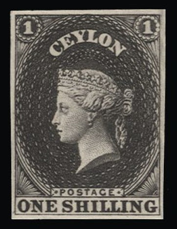 Ceylon 1857-59 1s imperforate plate proof in black on wove. SG10