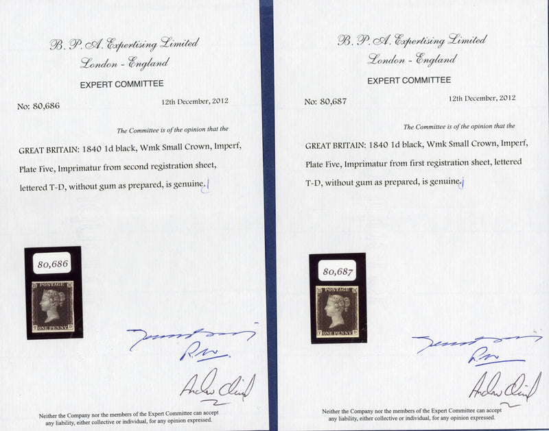 Great Britain 1840 1d black Plate 5, (First & Second registration sheet) imprimaturs, SG2
