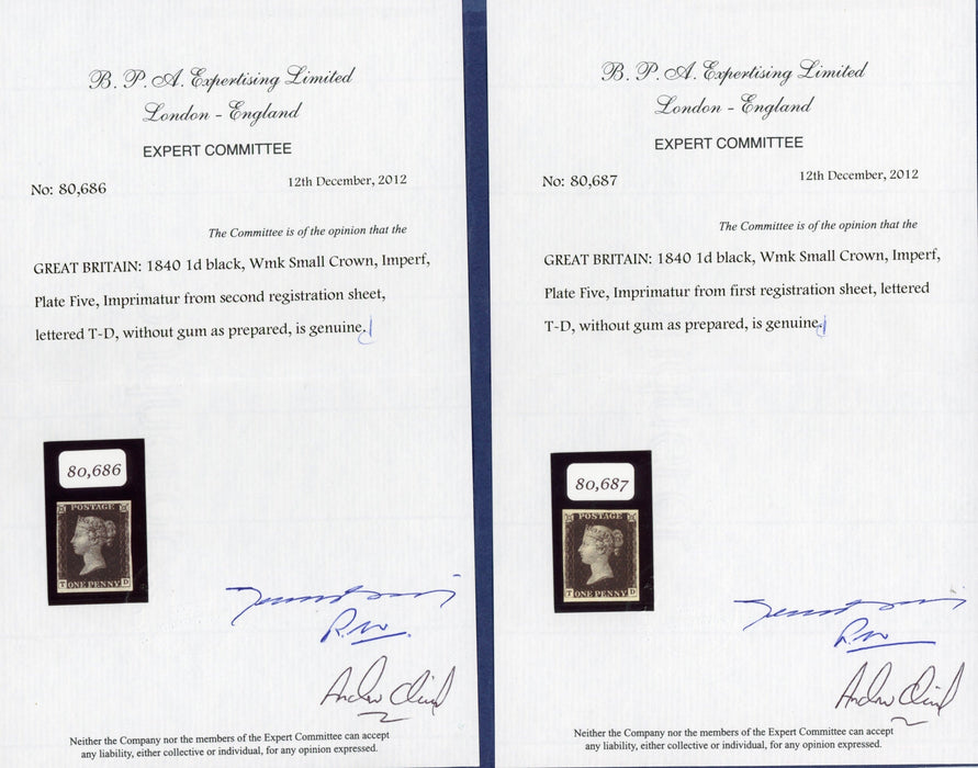 Great Britain 1840 1d black Plate 5, (First & Second registration sheet) imprimaturs, SG2