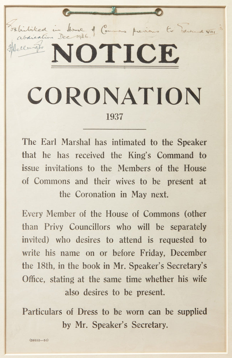 Edward VIII 1936 coronation notice from House of Commons