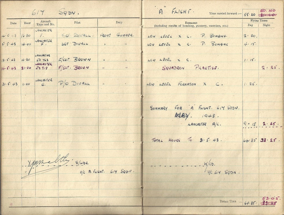 RAF flight logbook signed by Guy Gibson and other Dambusters pilots