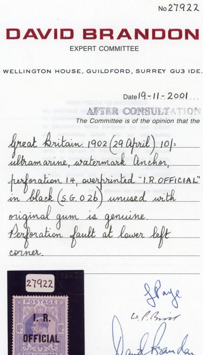 Great Britain 1902 10s ultramarine I.R. Official, SGO26.