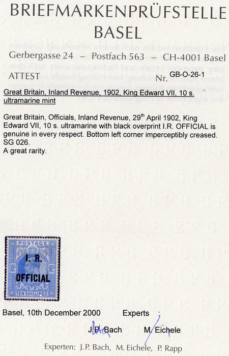 Great Britain 1902 10s ultramarine I.R. Official, SGO26.