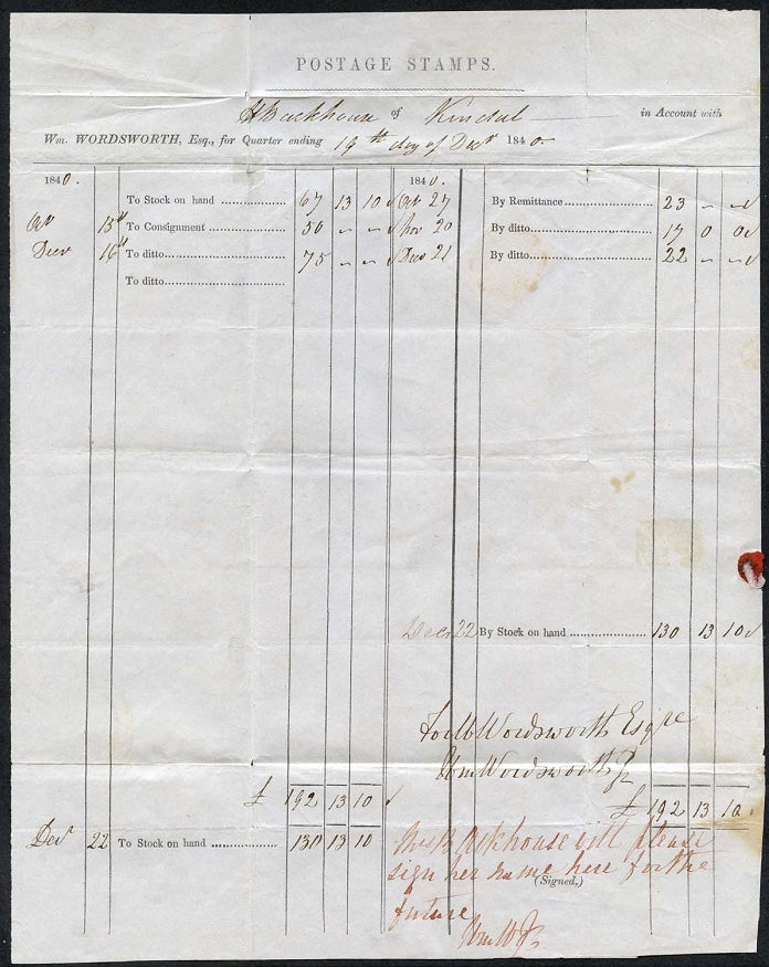 Great Britain 1840 2d Blue (MK) Plate 1 on Post Office Form from William Wordsworth. SG5