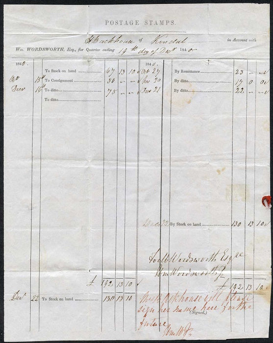 Great Britain 1840 2d Blue (MK) Plate 1 on Post Office Form from William Wordsworth. SG5