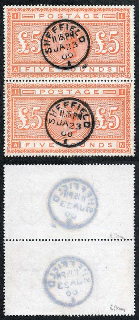 Great Britain 1882 £5 bright-orange vertical pair with Superb upright Sheffield circular date stamp. SG137