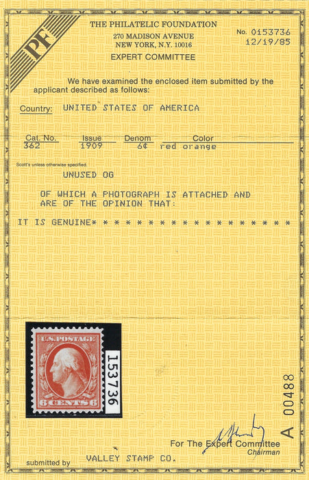 USA 1909 General Issues 6c Orange (Experimental printing "rag" paper), SG369