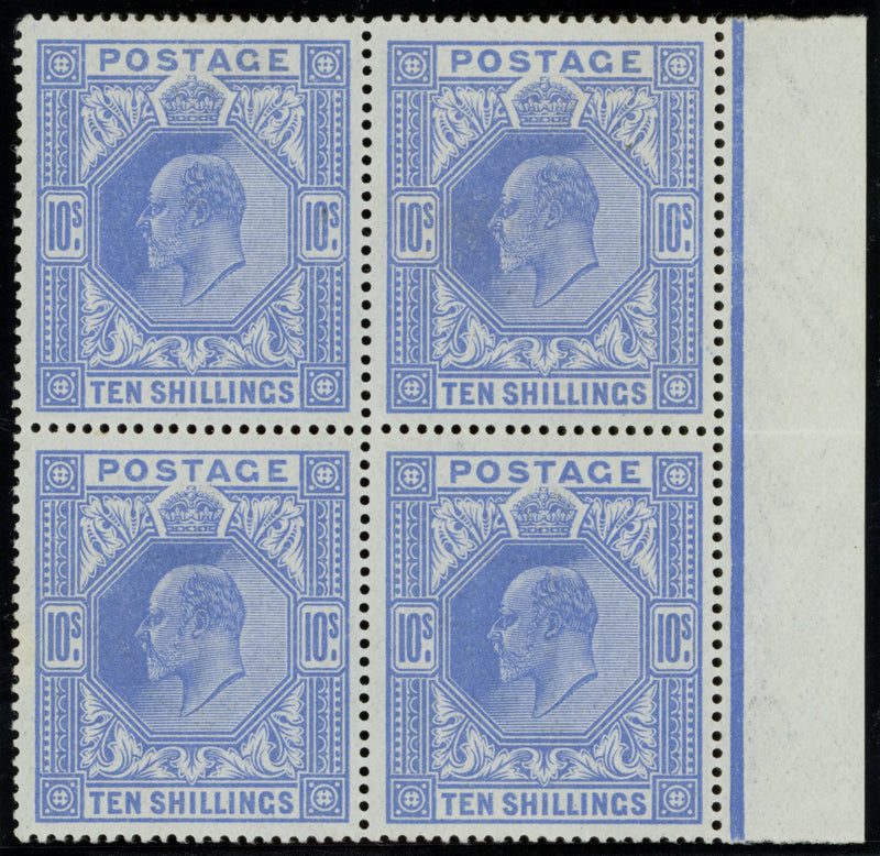 Great Britain 1911 10s blue unmounted mint marginal block of four, SG319