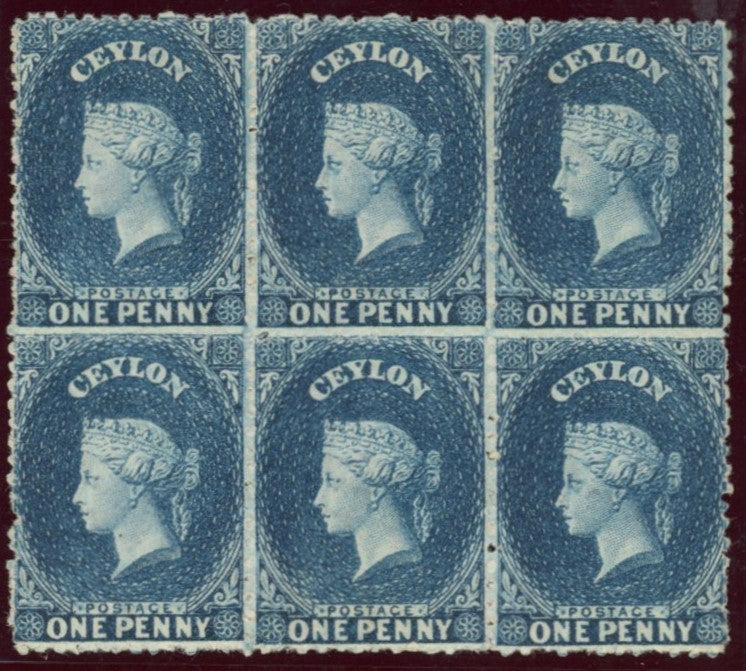 Ceylon 1867-70 1d deep blue, watermark reversed mint block of 6, SG63bx