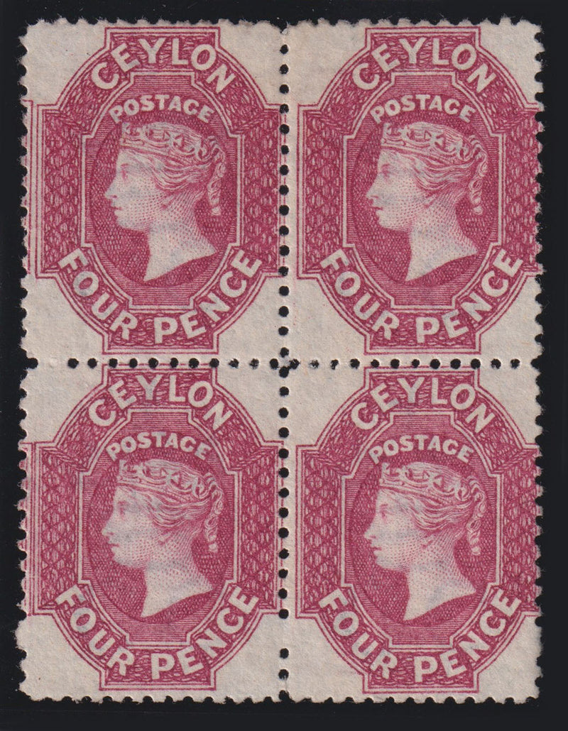 Ceylon 1867-70 4d rose-carmine fine mint block of 4, SG65b