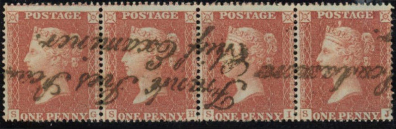 Great Britain 1855 1d red brown Plate 6, rare "Scudamore" handstamp, SG21var
