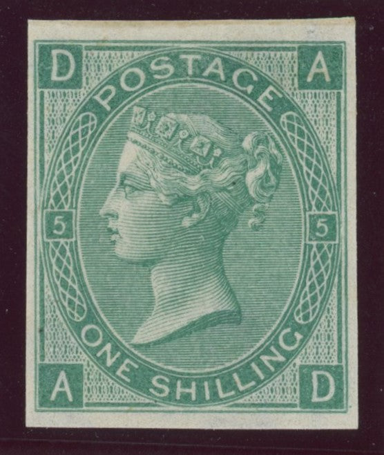 Great Britain 1865 1s green Plate 5 (Watermark Emblems) "abnormal" imprimatur, SG101var
