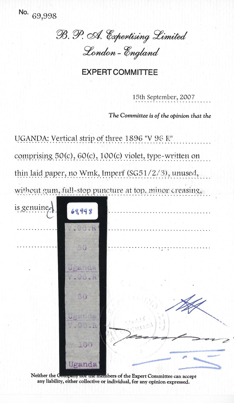 Uganda 1896 (June) Typewritten 'V.96.R (type 3) 50(c)+60(c)+100(c), SG51/3