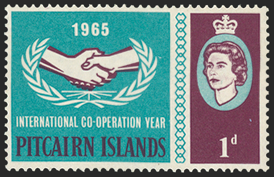 PITCAIRN ISLANDS 1965 1d ICY reddish purple and turquoise-green variety, SG51a