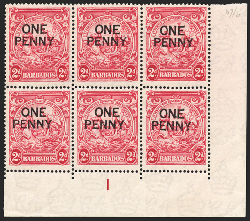 BARBADOS 1947 1d on 2d carmine (UNUSED), SG264a