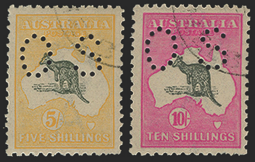 Australia 1915-28 5s grey and yellow, 10s grey and pink, SGO50/1