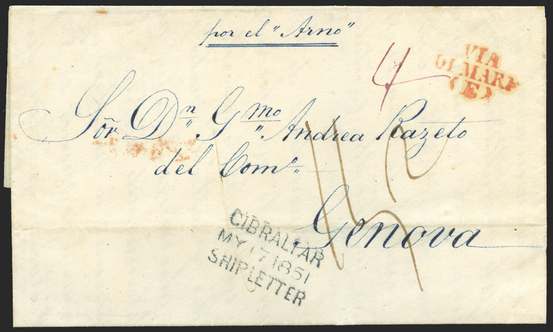 Gibraltar 1851 ship letter to Genoa