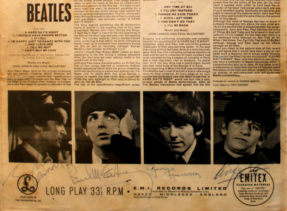 The Beatles signed A Hard Day's Night album cover