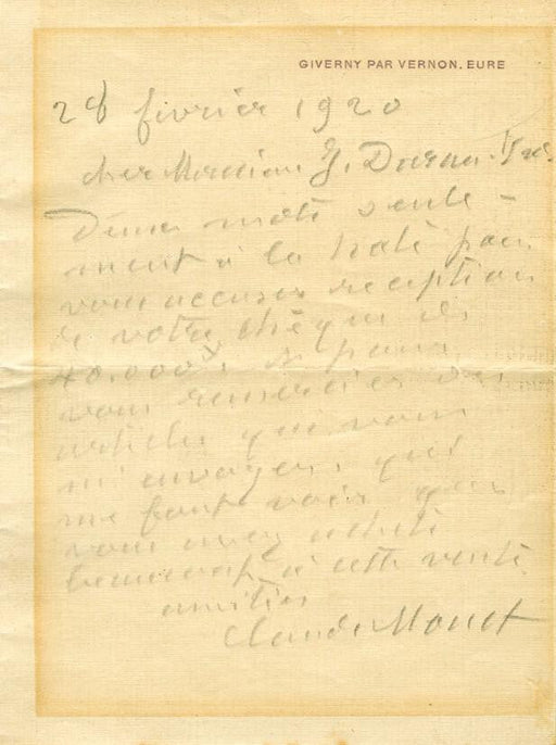 Claude Monet Autographed Letter