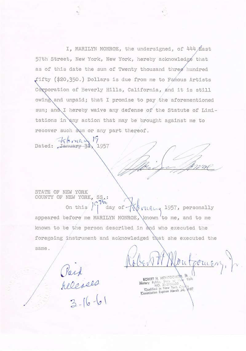 Marilyn Monroe Autograph on Legal Document