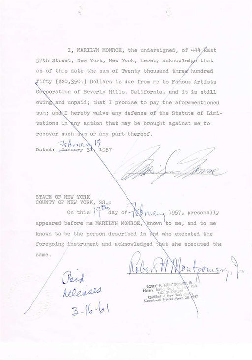 Marilyn Monroe Autograph on Legal Document
