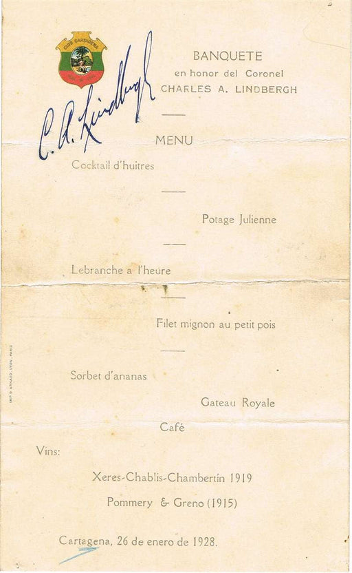 Charles Lindbergh Autographed Menu