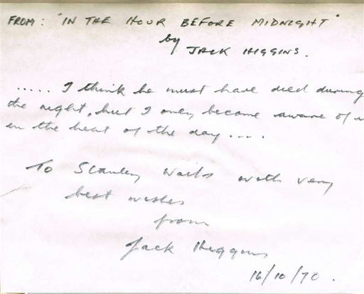 Harry Patterson/Jack Higgins Autographed Note