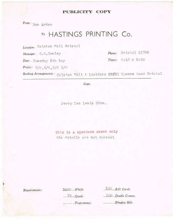 Jerry Lee Lewis/Don Arden Documents