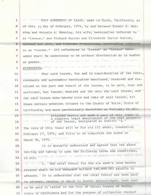 Richard Burton signed property lease