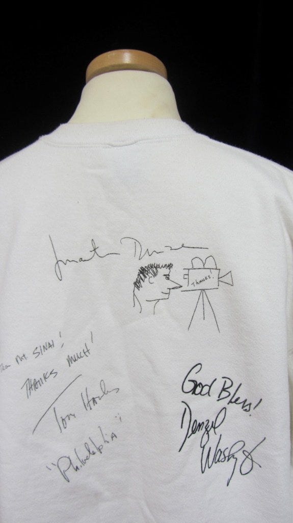 Tom Hanks, Denzel Washington and Jonathan Demme signed sweater from Philadelphia film