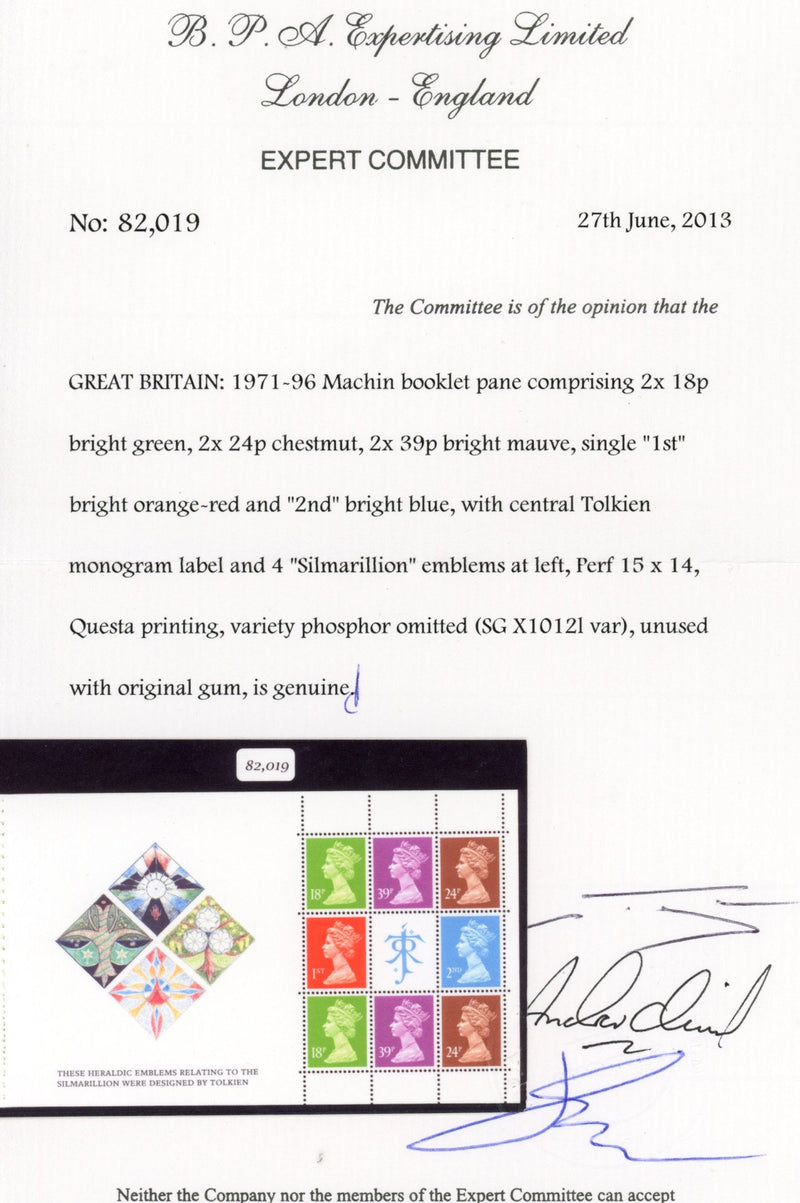 Great Britain 1992 Birth Centenary of J.R.R. Tolkien booklet pane variety, SGX1012lyvar