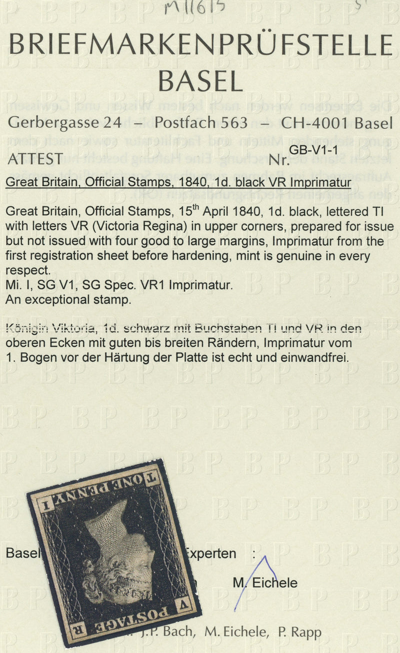 Great Britain 1840 1d black "VR" Official (Before Hardening) imprimatur, SGV1