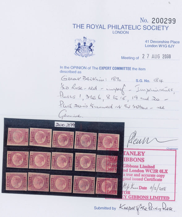 Great Britain 1870 ½d rose red Plate 12 imprimatur, SG48