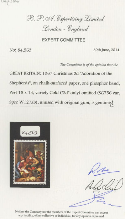 Great Britain 1967 3d Christmas Paintings error, SG756ac