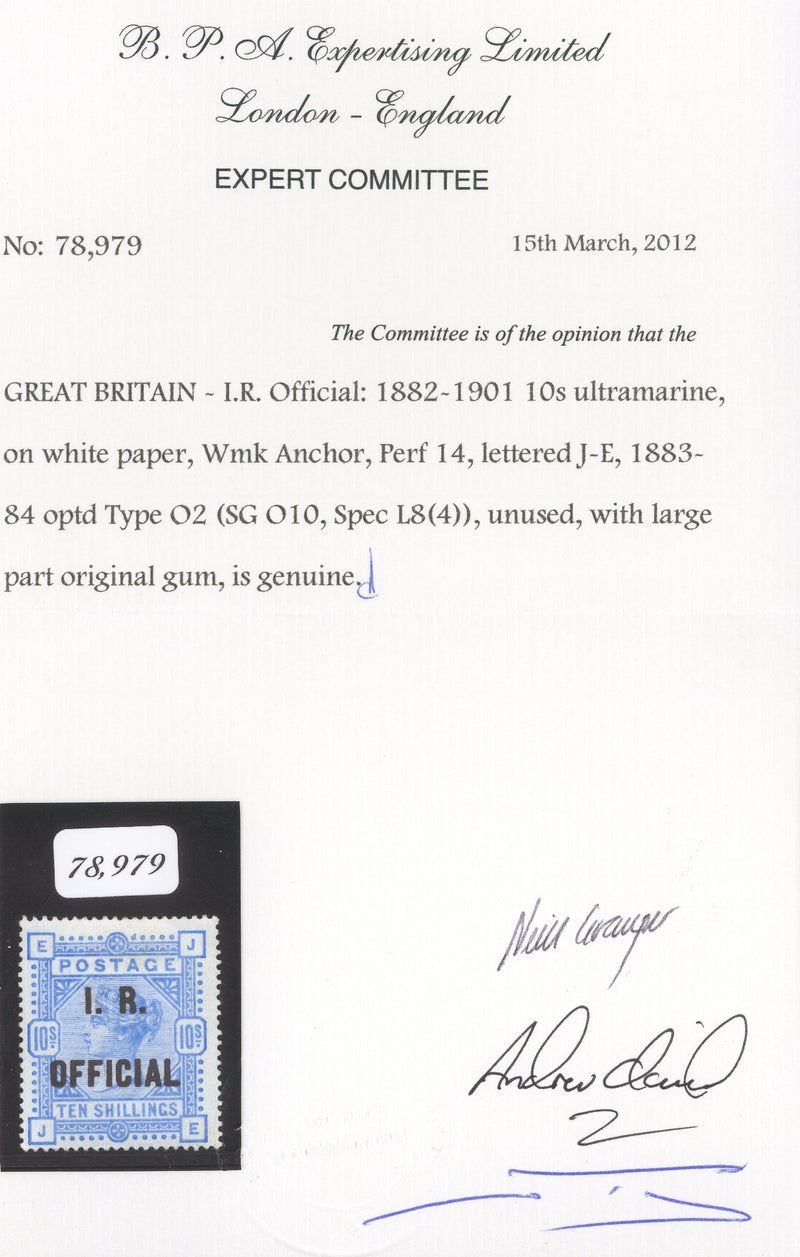 GREAT BRITAIN 1890 10s Ultramarine (White Paper, IR Official), SGO10