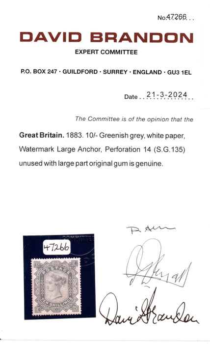 Great Britain 1883 10s greenish grey Plate 1, SG135