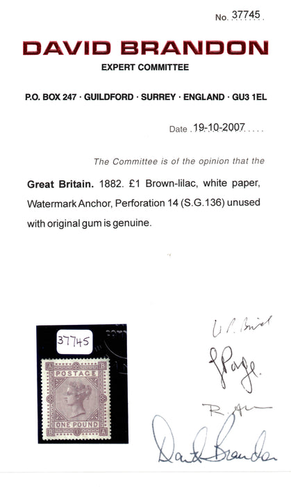 Great Britain 1882 £1 brown-lilac Plate 1, SG136