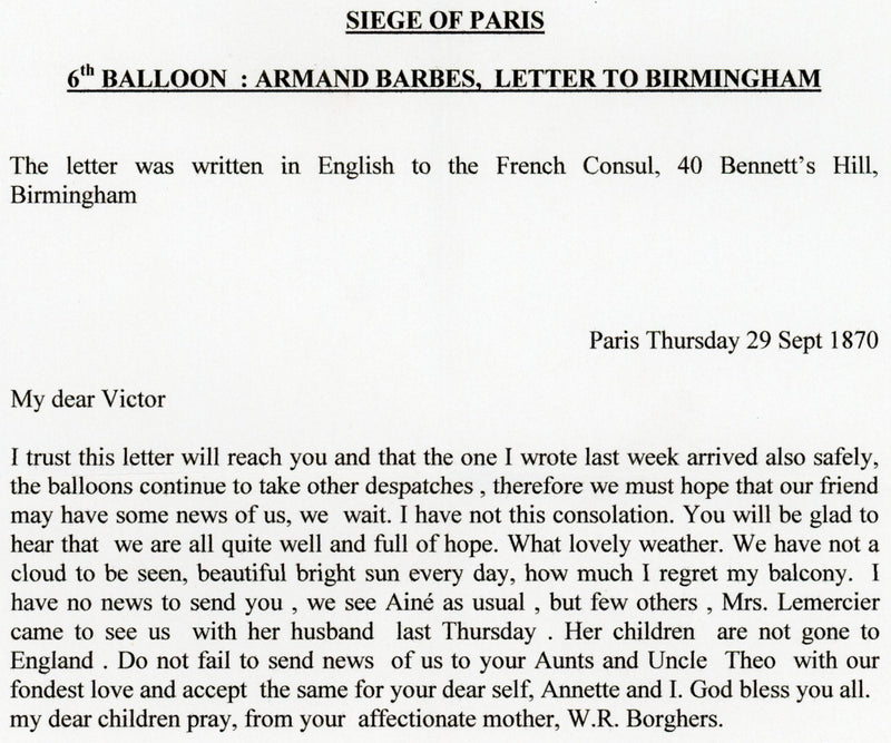 France 1870 Sixth Balloon of the Siege entire letter