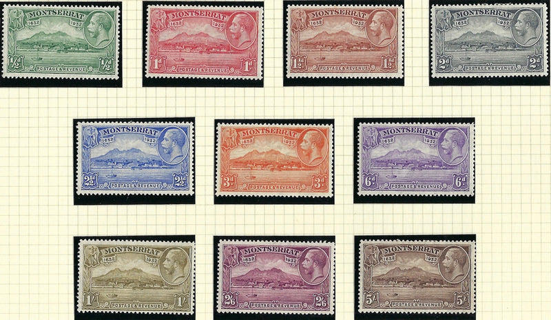 Montserrat 1932 (18 Apr) King George V 300th Anniversary of Settlement of Montserrat, Watermark Multiple Script CA ½d to 5s chocolate set of 10, SG84/93.