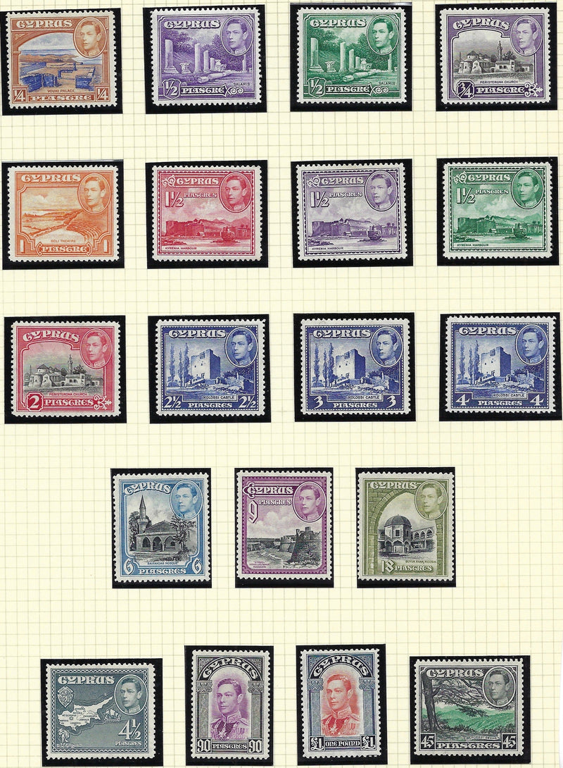 Cyprus 1938-51 King George VI Watermark Multiple Script CA 1/4pi to £1 scarlet and indigo set of 19, SG151/163.