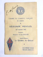 Charles De Gaulle signed WW2 menu