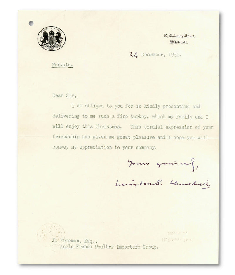 Winston Churchill signed Christmas turkey letter