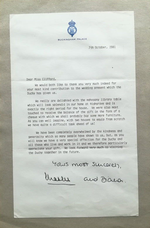 Prince Charles and Princess Diana signed 'thank you' letter
