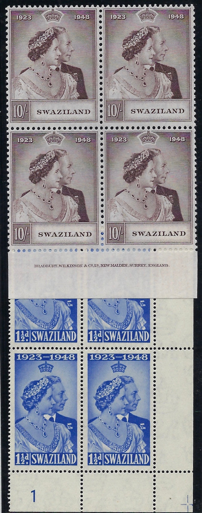 Swaziland 1948 Royal Silver Wedding set in blocks of 4 SG46/7